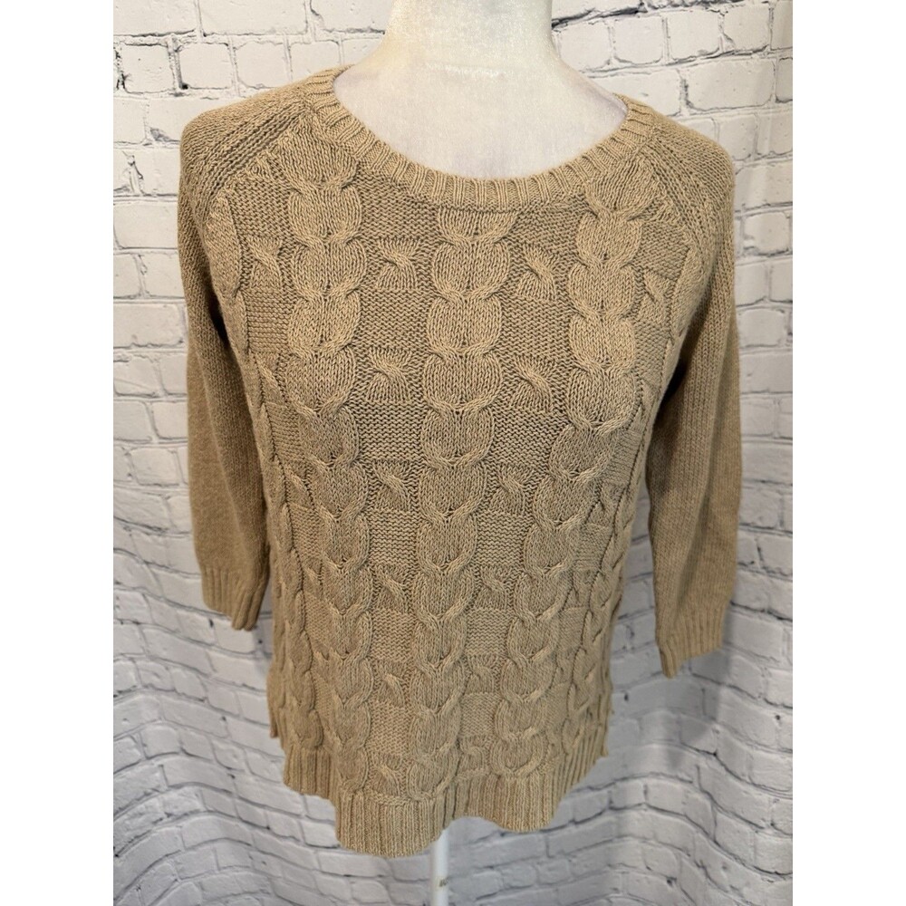 Talbots Women’s Tan Cable Knit Funnel Neck Linen Cotton Size Small Petite